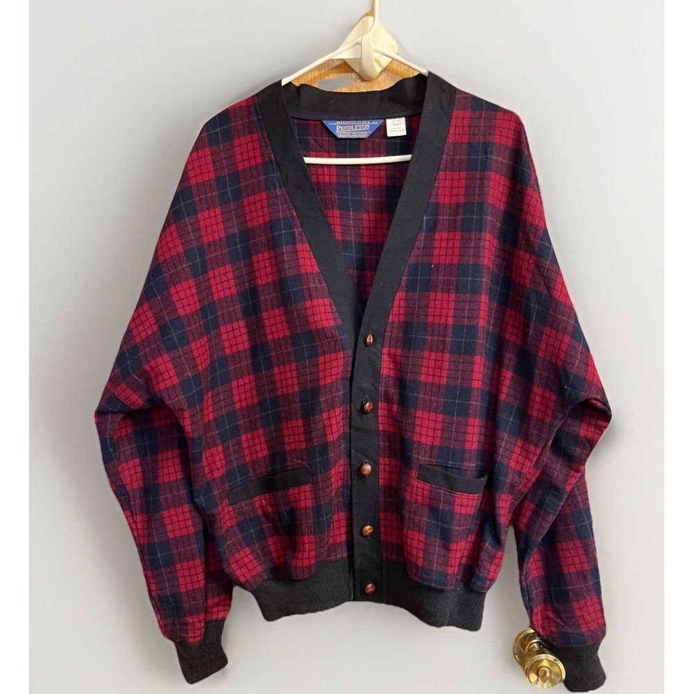 Vintage Pendleton Sweater Cardigan Mens Large Red Plaid Button Front USA 80s